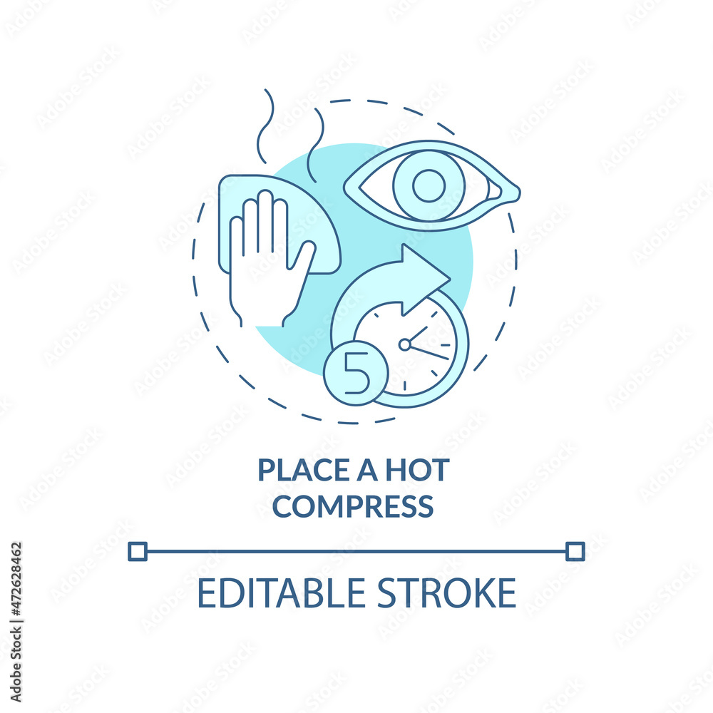 Place a hot compress blue concept icon. Applying recommendations by doctors. Cleansing around eyes abstract idea thin line illustration. Vector isolated outline color drawing. Editable stroke Place a hot compress blue concept icon. Applying recommendations by doctors. Cleansing around eyes abstract idea thin line illustration. Vector isolated outline color drawing. Editable stroke