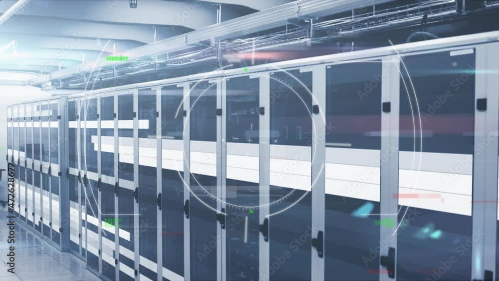 Animation of scope scanning and data processing over tech room with computer servers