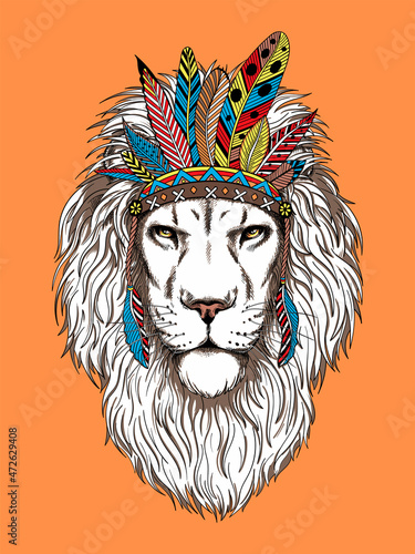 Fototapeta Naklejka Na Ścianę i Meble -  Beautiful lion head in boho style . Illustration in a hand-drawn style. Wild animal in indian headdress. Stylish image for printing on any surface