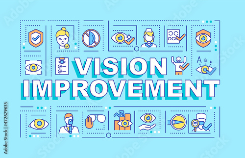 Vision improvement word concepts banner. Advantages of laser eye surgery. Infographics with linear icons on blue background. Isolated creative typography. Vector outline color illustration with text