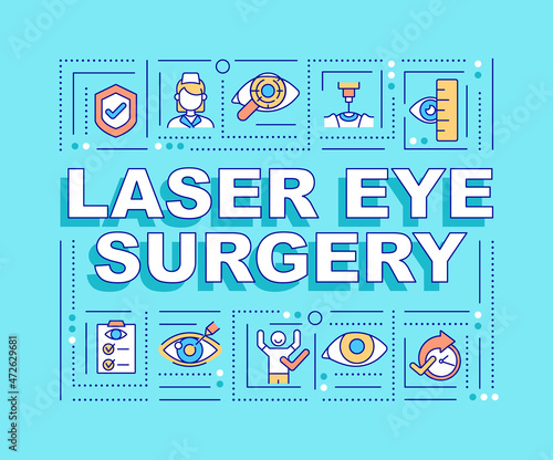 Laser eye surgery word concepts banner. Fast and safe operation. Infographics with linear icons on blue background. Isolated creative typography. Vector outline color illustration with text