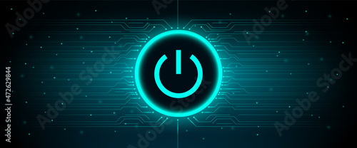 Fotografia Power button blue glowing neon on security cyber connection technology background