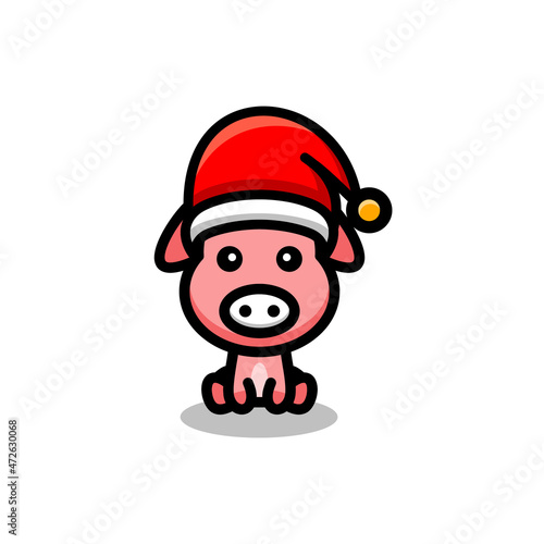 Simple pig with a christmas hat in white background , vector logo design template