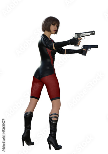 futuristic woman soldier with guns, 3d illustration, white background