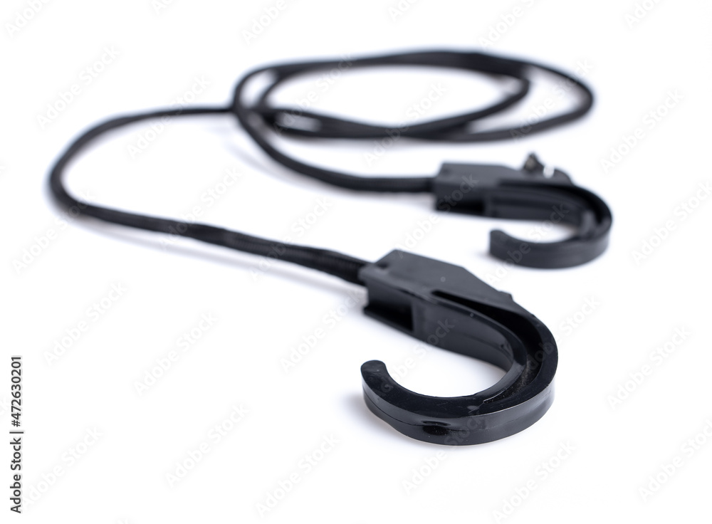 Fototapeta premium Black elastic rubber rope with hook isolated on white background