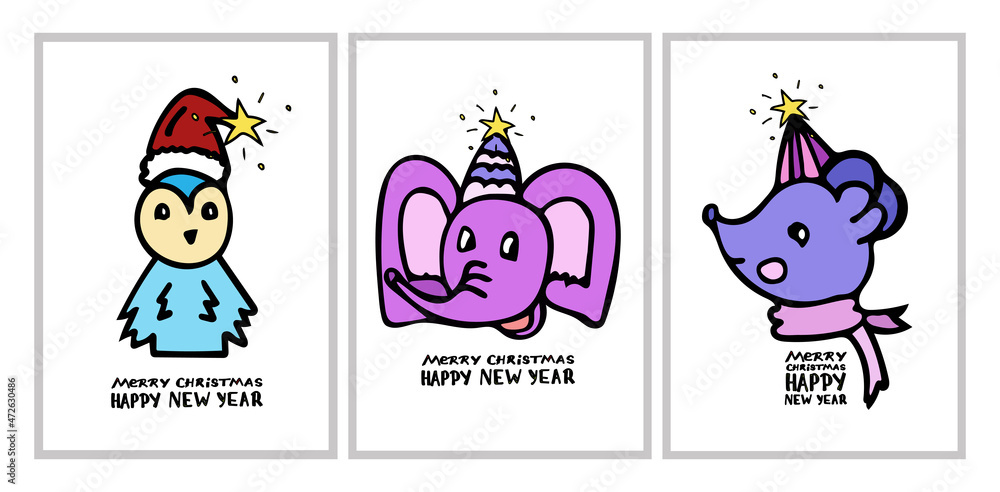 A set of cards for Christmas and New Year with a colorful penguin, elephant, a mouse in a cap with a glowing star and a scarf.Lettering with the inscription Merry Christmas and Happy New Year. Vector