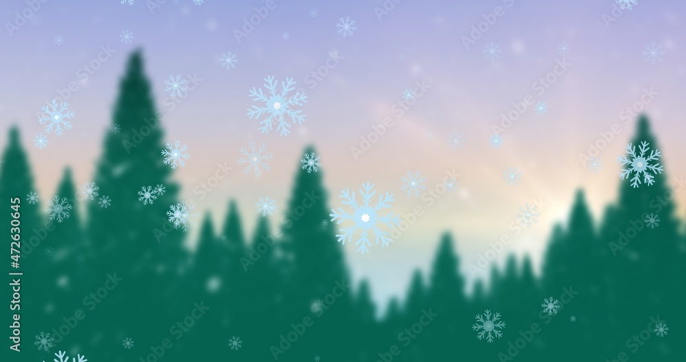 Composite image of snowflakes and christmas trees against sky with copy space