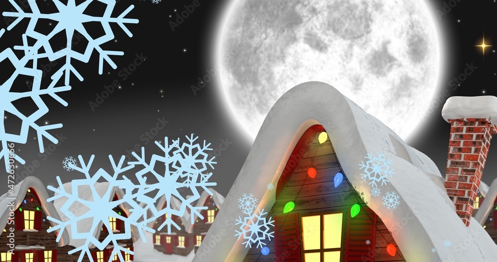 Fototapeta premium Composition of snowflakes and snow covered houses against full moon at night, copy space