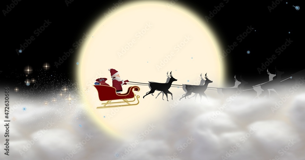 Fototapeta premium Composite image of santa sleigh against yellow full moon at night with copy space