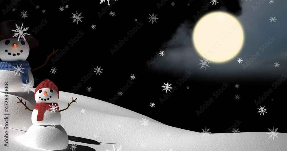 Naklejka premium Composite image of snowmen in full moon night with copy space