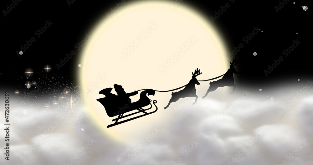 Fototapeta premium Composition of silhouette santa sleigh against full moon at night with copy space