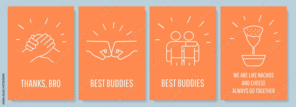 Fototapeta premium Celebrating joy of true friendship postcard with linear glyph icon set. Greeting card with decorative vector design. Simple style poster with creative lineart illustration. Flyer with holiday wish