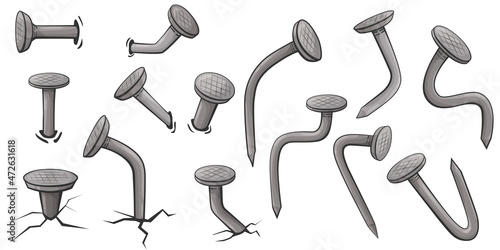 Cartoon bent nails. Set of Isolated steel metal nails. Carpentry concept isolated on white background. Construction vector illustration