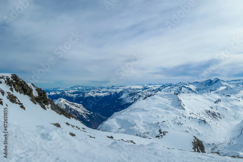 Beautiful and serene landscape of mountains covered with snow in Moelltaler Gletscher, Austria. Thick snow covers the slopes. Clear weather. Perfectly groomed slopes. ski resort. Glacier skiing