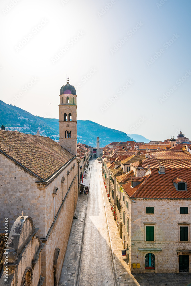 Aerial view of Stradun main street, Dubrovnik old city. Sunny day morning.