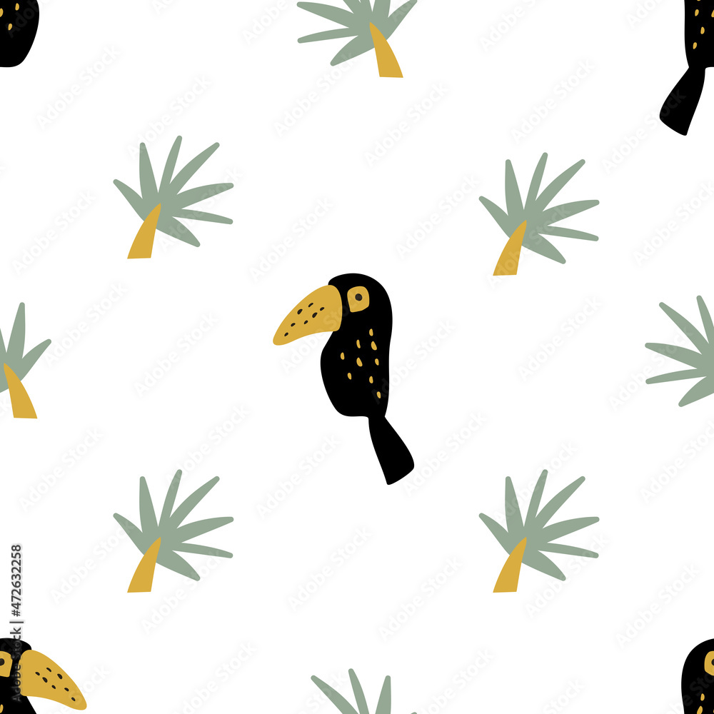 Fototapeta premium Seamless pattern with toucan and palm trees on a white background. The vector illustration is made in manual technique.Cute baby background