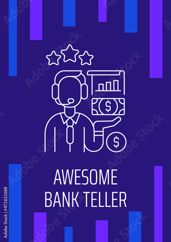 Astonishing bank teller postcard with linear glyph icon. Honoring worker. Greeting card with decorative vector design. Simple style poster with creative lineart illustration. Flyer with holiday wish