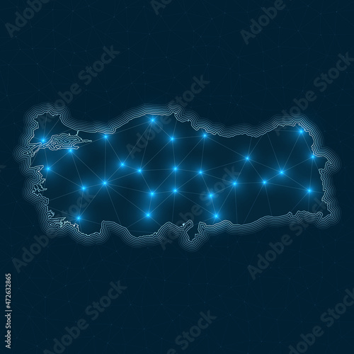 Turkey network map. Abstract geometric map of the country. Digital connections and telecommunication design. Glowing internet network. Creative vector illustration.