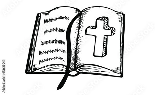 Open Holy Bible with crucifix. Scripture. Religion, church, Bible study concept. Vector Illustration in doodle style.