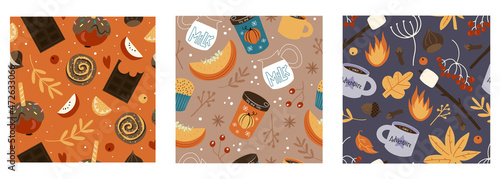 Set of three hand drawn vector seamless patterns with seasonal cozy objects, pumpkin latte and chocolate in cartoon style