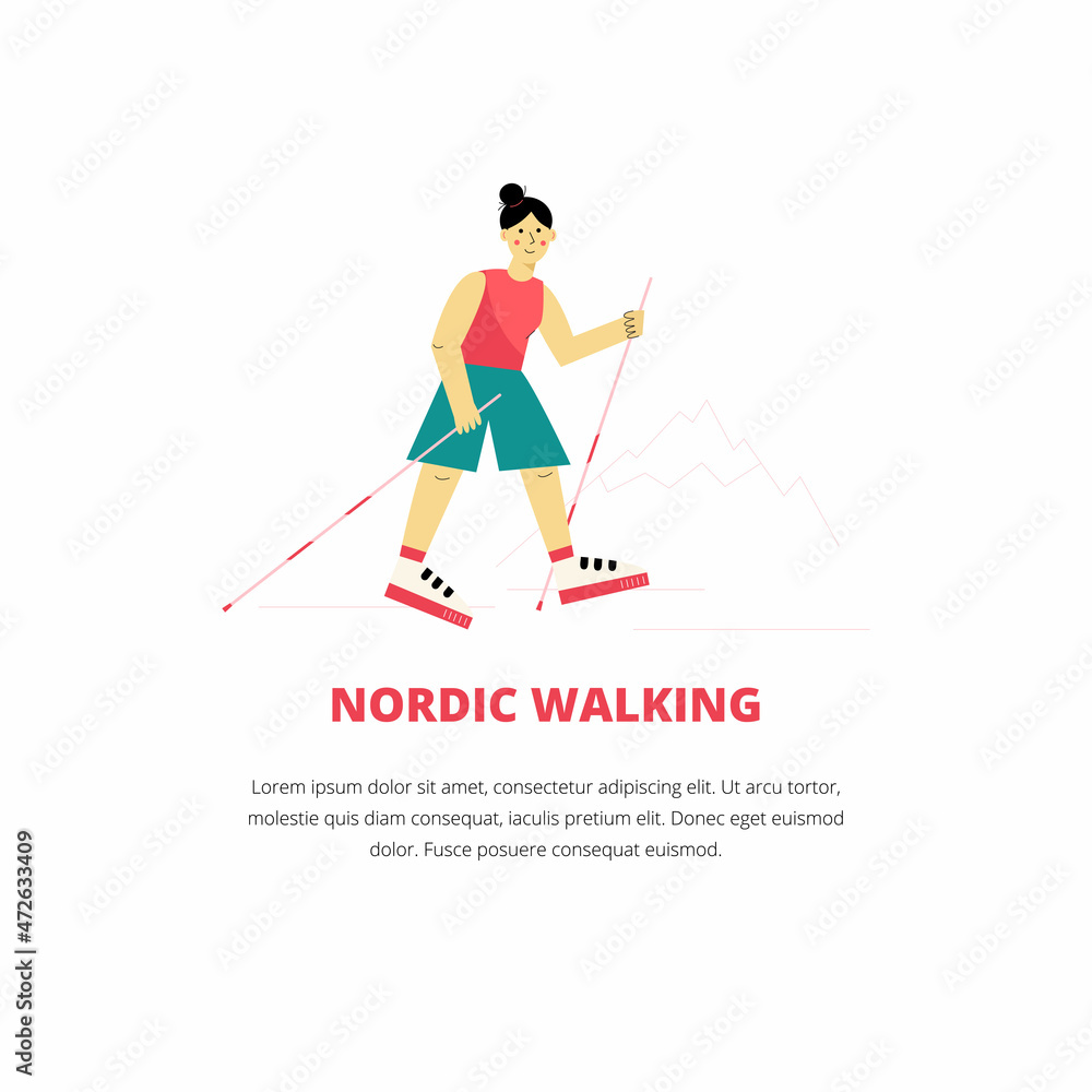 Vector illustration with nordic walking banner template. Concept with girl hiking in the mountains.