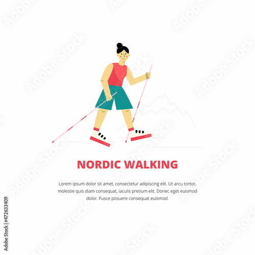 Vector illustration with nordic walking banner template. Concept with girl hiking in the mountains.
