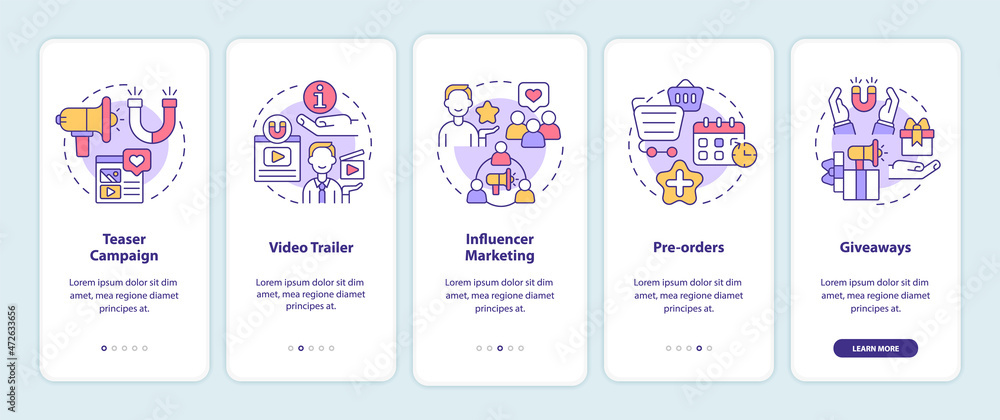 Promotion startup strategy tips onboarding mobile app page screen. Small business walkthrough 5 steps graphic instructions with concepts. UI, UX, GUI vector template with linear color illustrations