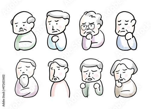 悩むおじいさんのイラストセット