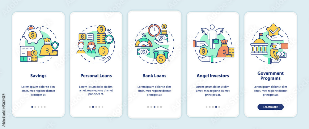 Small business financial tips onboarding mobile app page screen. Startup launch walkthrough 5 steps graphic instructions with concepts. UI, UX, GUI vector template with linear color illustrations