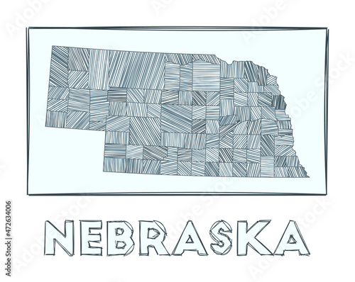 Sketch map of Nebraska. Grayscale hand drawn map of the us state. Filled regions with hachure stripes. Vector illustration. photo