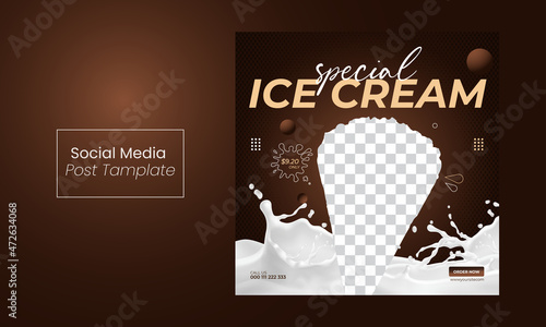 Special ice cream menu promotion social media post banner template, Strawberry, Chocolate ice cream cone Vector banner, poster