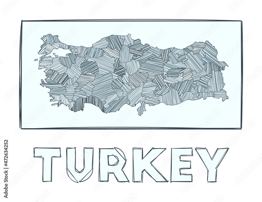 Sketch map of Turkey. Grayscale hand drawn map of the country. Filled regions with hachure stripes. Vector illustration.