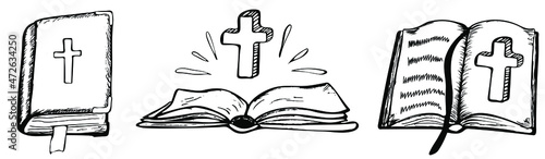 Set of Holy Bibles with crucifixes. Scripture. Religion, church, Bible study concept. Vector Illustration in doodle style.