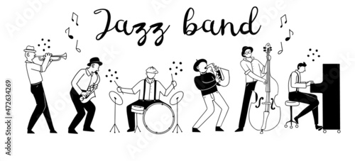 Hand drawn jazz band playing different musical instruments in line art, isolated doodle vector illustration