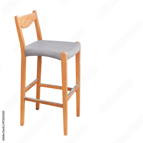 old grey fabric and wooden leg bar stool on white background  object  copy space