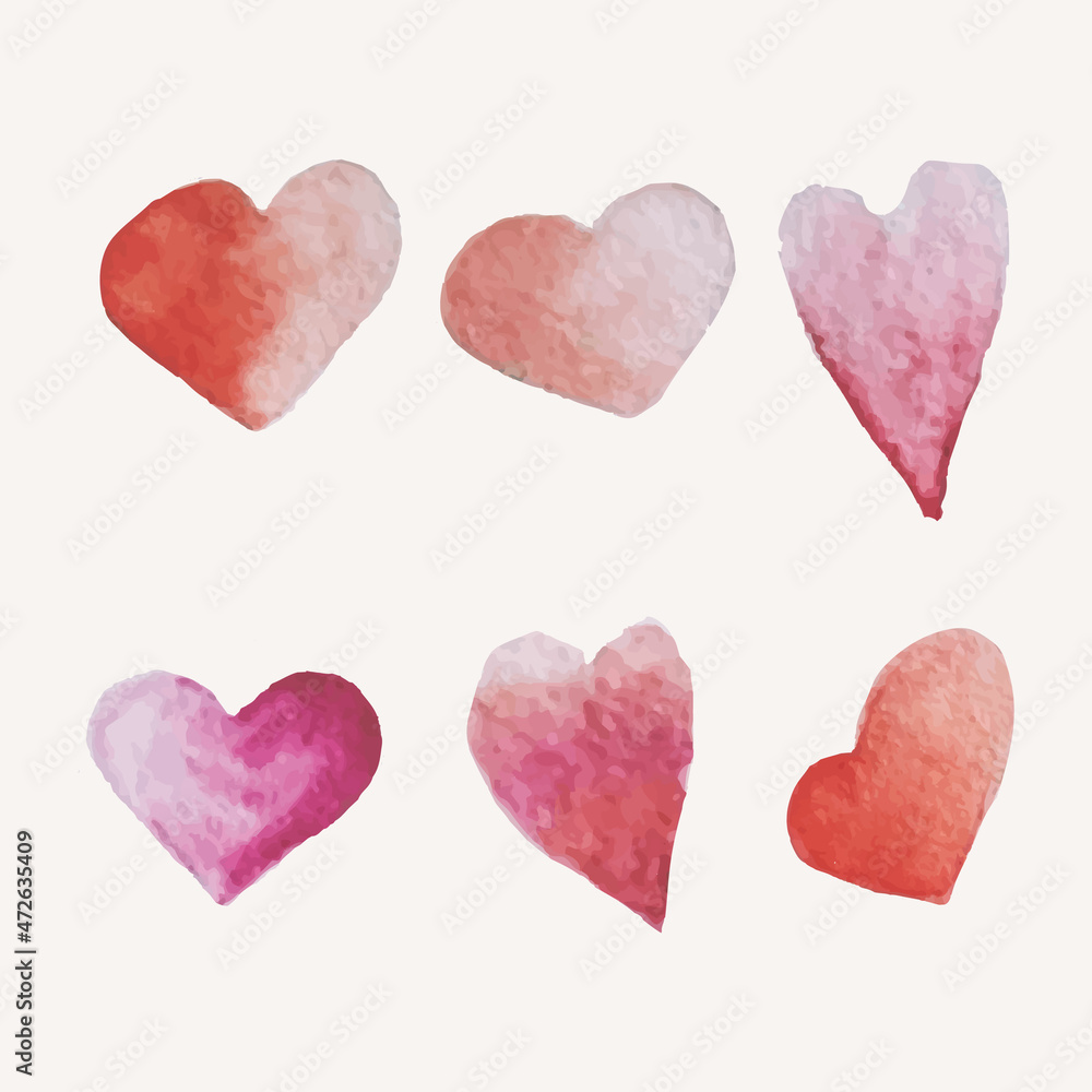 vector illustration set of red hearts in watercolor style