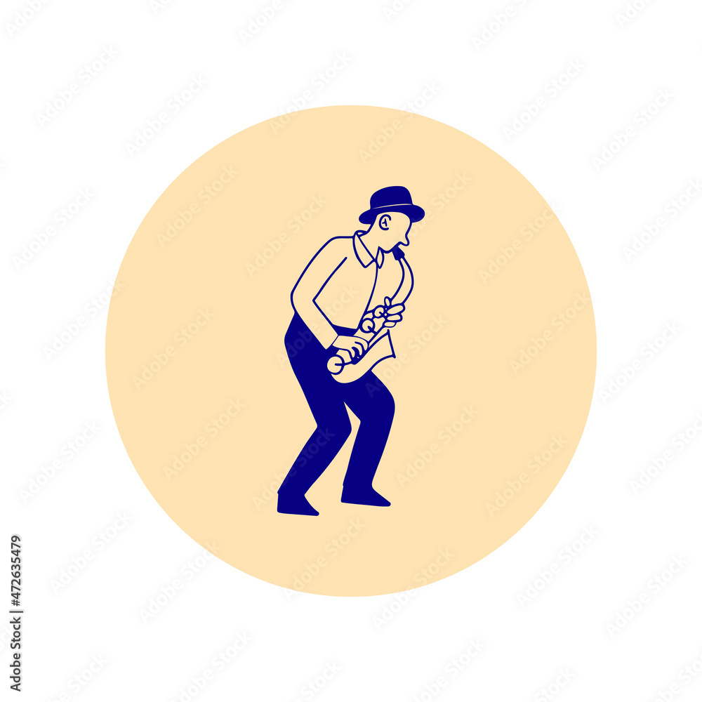 Circle icon with musician playing on saxophone, line art style isolated vector illustration Circle icon with musician playing on saxophone, line art style isolated vector illustration