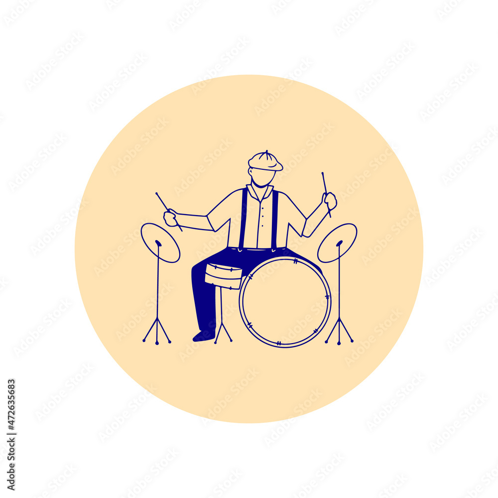 Circle icon with musician playing on drums and cymbals in line art style, isolated vector illustration Circle icon with musician playing on drums and cymbals in line art style, isolated vector illustration