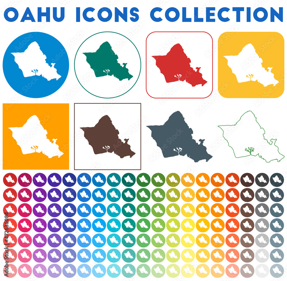 Oahu icons collection. Bright colourful trendy map icons. Modern Oahu badge with island map. Vector illustration.