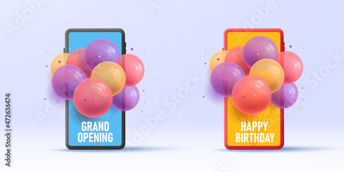 3d illustration of a smartphone with a bunch of balloons flying out of screen, virtual birthday greening or grand opening
