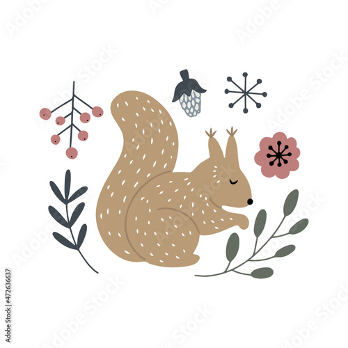 Little squirrel with berries, flowers and acorn, Scandinavian style isolated hand drawn vector clipart