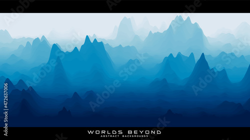 Abstract blue landscape with misty fog till horizon over mountain slopes. Gradient eroded terrain surface. Worlds beyond.