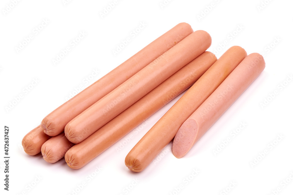 Fresh boiled sausages with herbs isolated on white background. Fresh boiled sausages with herbs isolated on white background.
