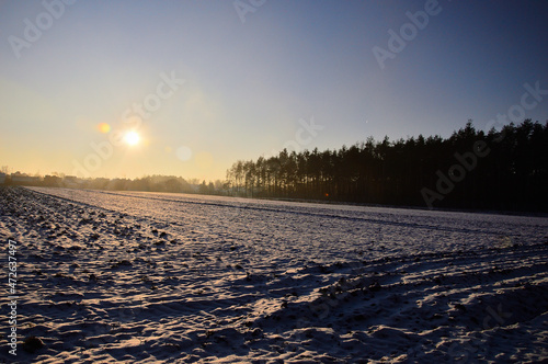 A field covered with snow and ice visible against the sun on a winter day.