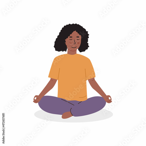 African black skin girl sitting on floor and meditating. Child or teen doing yoga exercise. Meditation lesson in school concept. Vector flat illustration character isolated on white background.