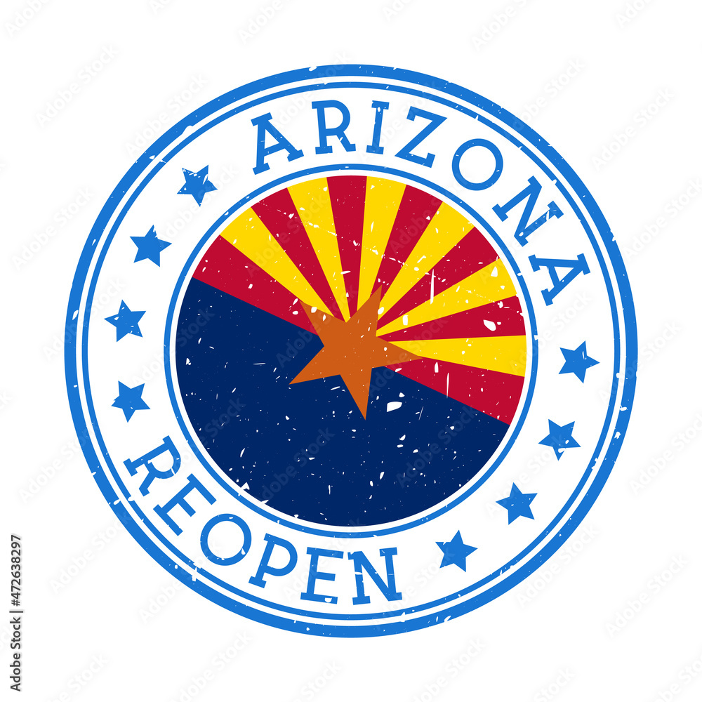 Arizona Reopening Stamp. Round badge of US State with the flag of Arizona. Reopening after lockdown sign. Vector illustration. Arizona Reopening Stamp. Round badge of US State with the flag of Arizona. Reopening after lockdown sign. Vector illustration.