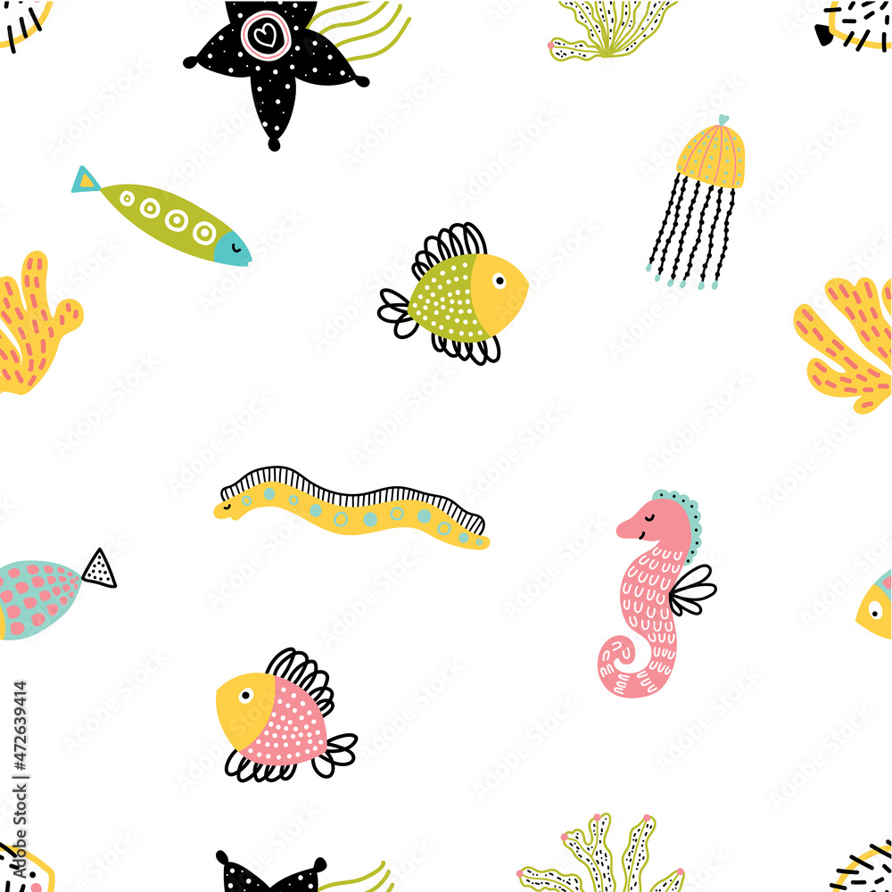 Sea vector seamless pattern.Can be used in textile industry, paper, background, scrapbooking. Sea vector seamless pattern.Can be used in textile industry, paper, background, scrapbooking.