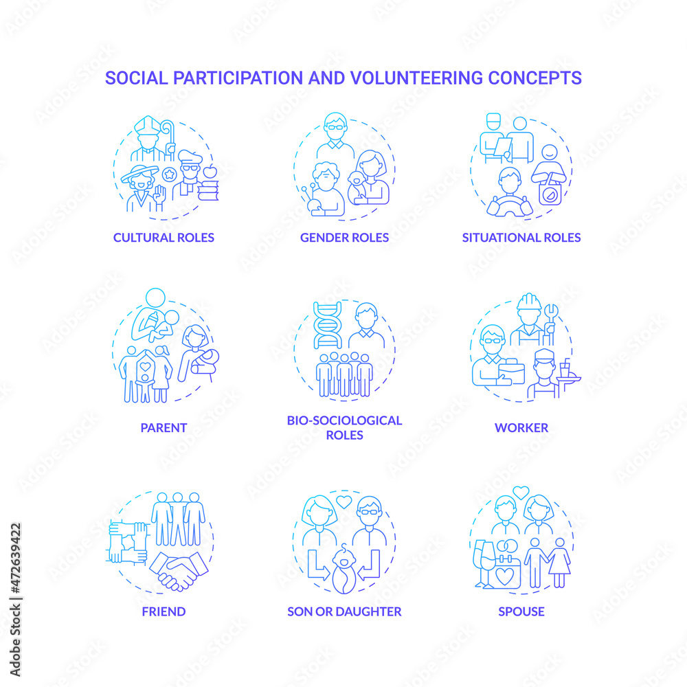 Social participation and volunteering blue gradient concept icons set. Different community roles for people in world idea thin line color illustrations. Vector isolated outline drawings Social participation and volunteering blue gradient concept icons set. Different community roles for people in world idea thin line color illustrations. Vector isolated outline drawings