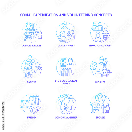 Social participation and volunteering blue gradient concept icons set. Different community roles for people in world idea thin line color illustrations. Vector isolated outline drawings