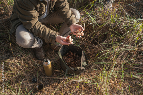 Senior man holding mushrooms in his hands and putting it to the bag